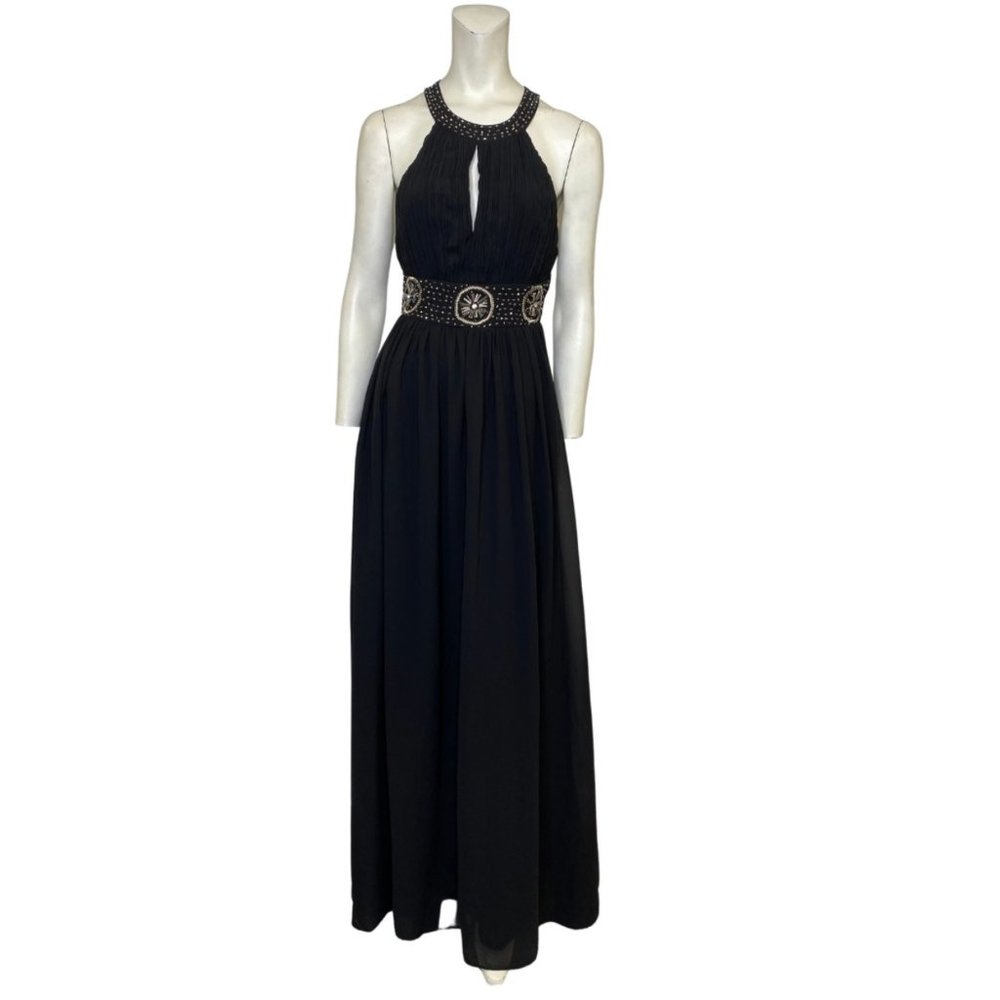Maniju High Neck Open Back Halter Embellished Maxi Dress Black Size Medium NWT